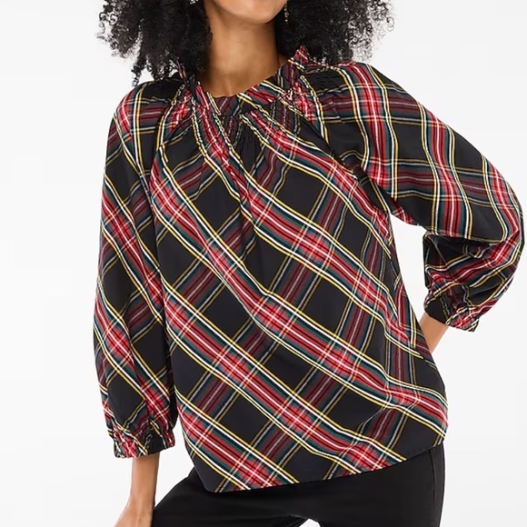J crew black red Tartan smocked top - Picture 1 of 6
